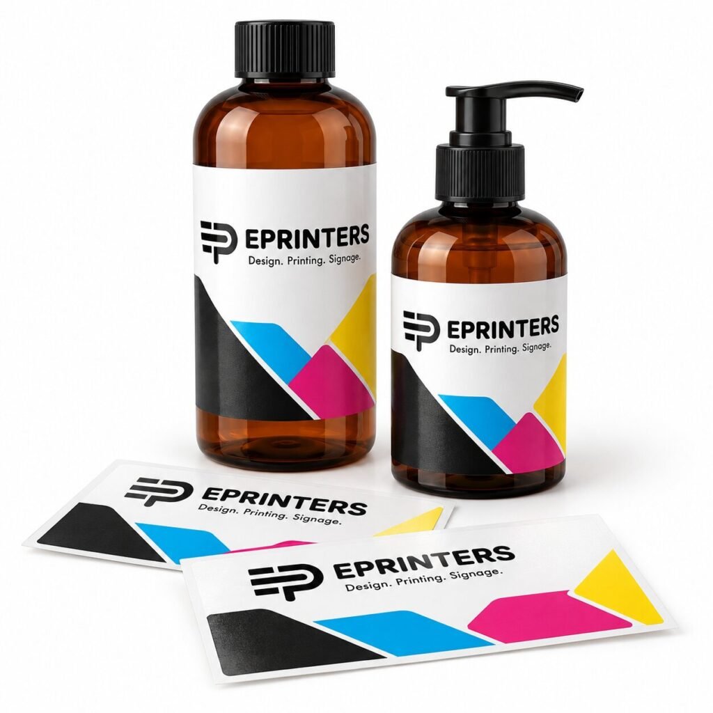 A bottle with a full-colour vinyl label printed by ePrinters