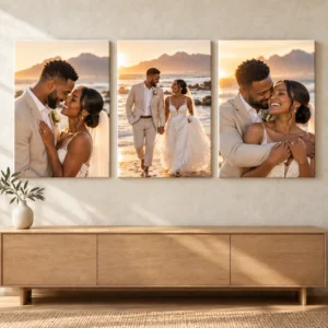 3 Large Canvas Prints (60 x 80 cm) displayed as a photo canvas gallery on a living room wall