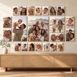 22 Canvas Gallery Set displayed as a photo canvas gallery on a living room wall