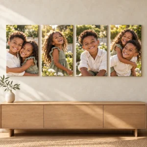 4 A4 Canvas Prints displayed as a photo canvas gallery on a living room wall