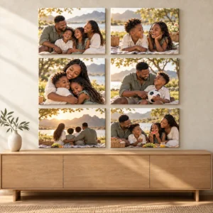 6 A4 Canvas Prints displayed as a photo canvas gallery on a living room wall
