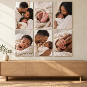 6 A3 Canvas Prints displayed as a photo canvas gallery on a living room wall