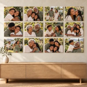 12 A4 Canvas Prints displayed as a photo canvas gallery on a living room wall