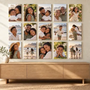 15 A5 Canvas Prints displayed as a photo canvas gallery on a living room wall