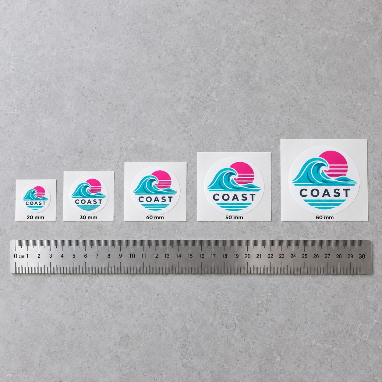 Circle stickers at 20, 30, 40, 50 and 60 mm above a steel ruler