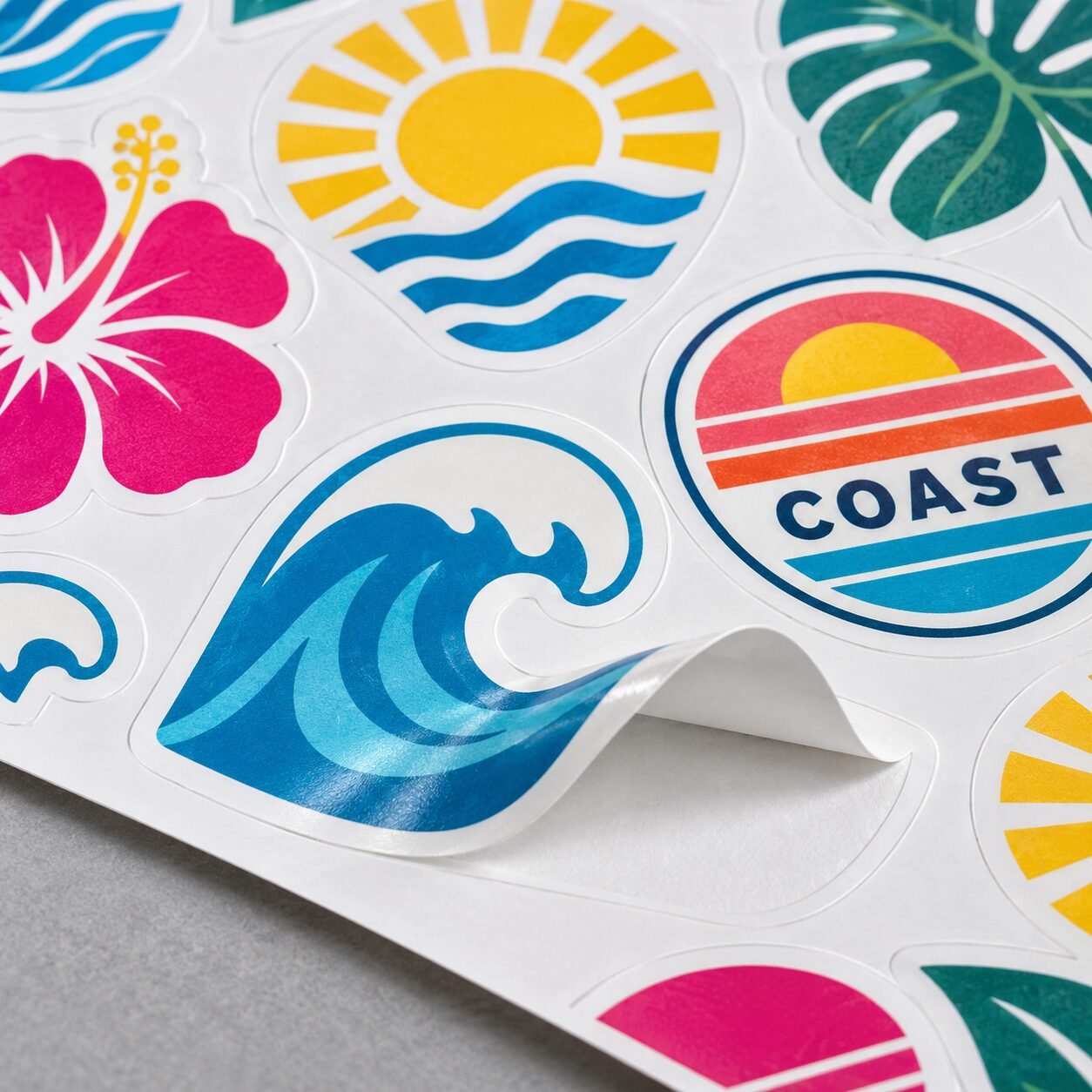 Contour-cut vinyl sticker sheet with one wave sticker peeling from the backing