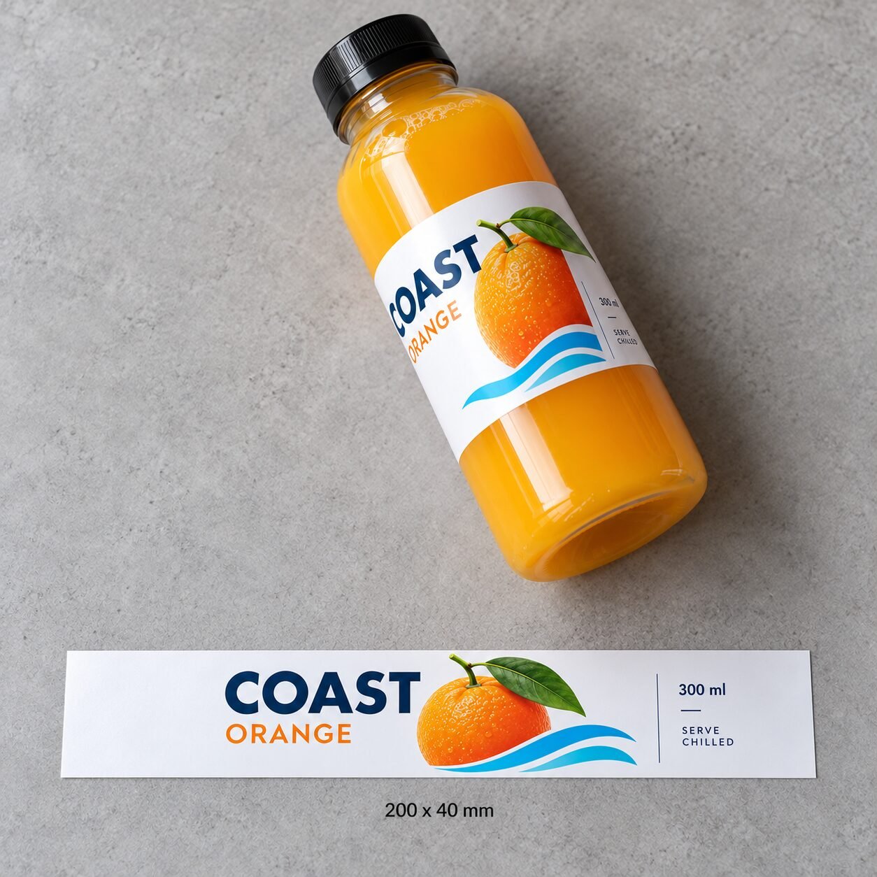 Flat 200 x 40 mm Coast Orange wrap-around label next to the labelled juice bottle
