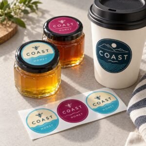 Round vinyl stickers on honey jar lids and a takeaway coffee cup