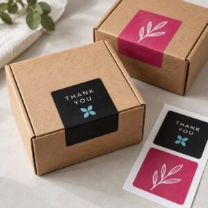 Square thank-you and botanical stickers sealing kraft gift boxes