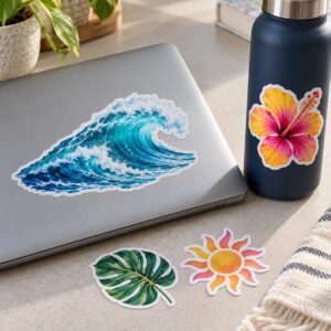Contour-cut custom shape vinyl stickers on a laptop and water bottle