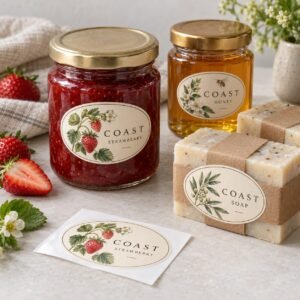Oval botanical labels on a jam jar, honey jar and wrapped soap bars