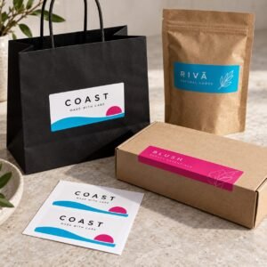 Rectangular promo and brand labels on a shopping bag, gift box and pouch