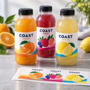 Three juice bottles with wrap-around orange, berry and lemon labels