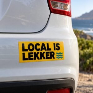Yellow Local is Lekker bumper sticker on the back of a white car