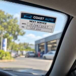 Next-service reminder label inside a car windscreen with handwritten date and mileage