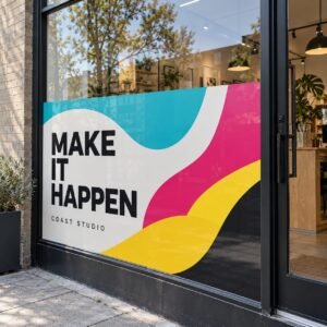Large format vinyl sticker graphic applied to a shop window