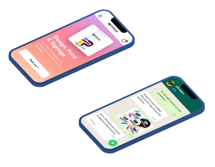 The ePrinters website and a WhatsApp chat with ePrinters on two phones