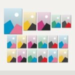 Illustration of the 17 Canvas Gallery Set combo: 17 canvases (1 A3 (29.7 x 42 cm), 2 A4 (21 x 29.7 cm), 14 A5 (14.8 x 21 cm)) hung together on a wall