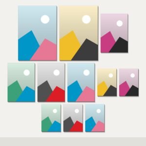 Illustration of the 11 Canvas Gallery Set combo: 11 canvases (2 A3 (29.7 x 42 cm), 4 A4 (21 x 29.7 cm), 5 A5 (14.8 x 21 cm)) hung together on a wall