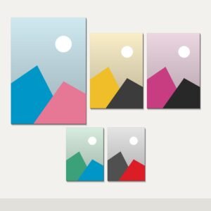 Illustration of the A3, A4 and A5 Five Canvas Set combo: 5 canvases (1 A3 (29.7 x 42 cm), 2 A4 (21 x 29.7 cm), 2 A5 (14.8 x 21 cm)) hung together on a wall