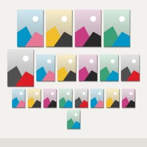 Illustration of the 19 Canvas Gallery Set combo: 19 canvases (5 A3 (29.7 x 42 cm), 5 A4 (21 x 29.7 cm), 9 A5 (14.8 x 21 cm)) hung together on a wall