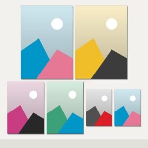 Illustration of the Six Canvas Gallery Set combo: 6 canvases (2 A3 (29.7 x 42 cm), 2 A4 (21 x 29.7 cm), 2 A5 (14.8 x 21 cm)) hung together on a wall
