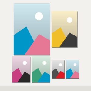 Illustration of the Six Canvas Feature Set combo: 6 canvases (1 A2 (42 x 59.4 cm), 1 A3 (29.7 x 42 cm), 2 A4 (21 x 29.7 cm), 2 A5 (14.8 x 21 cm)) hung together on a wall