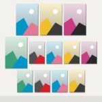 Illustration of the Two Six Canvas Sets combo: 12 canvases (4 A4 (21 x 29.7 cm), 8 A5 (14.8 x 21 cm)) hung together on a wall