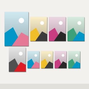 Illustration of the Nine Canvas Gallery Set combo: 9 canvases (1 A3 (29.7 x 42 cm), 4 A4 (21 x 29.7 cm), 4 A5 (14.8 x 21 cm)) hung together on a wall