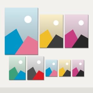 Illustration of the Eight Canvas Gallery Set combo: 8 canvases (1 A2 (42 x 59.4 cm), 2 A3 (29.7 x 42 cm), 2 A4 (21 x 29.7 cm), 3 A5 (14.8 x 21 cm)) hung together on a wall
