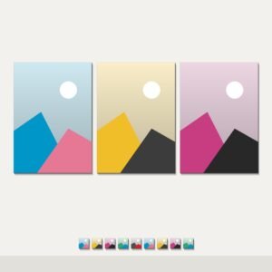 Illustration of the 3 A4 Canvas Prints and 9 Photo Magnets combo: 3 canvases (3 A4 (21 x 29.7 cm)) hung together on a wall, with 9 photo magnets below